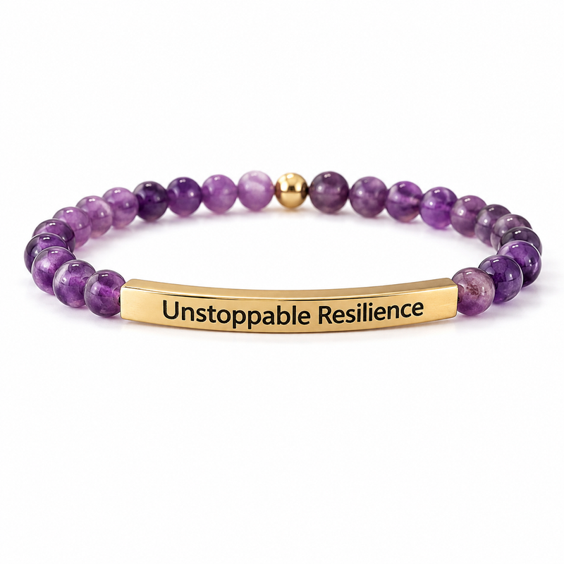 A beaded stretch bracelet featuring purple amethyst beads, a small gold spacer bead, and a polished gold-toned metal bar engraved with the words 'Unstoppable Resilience'.