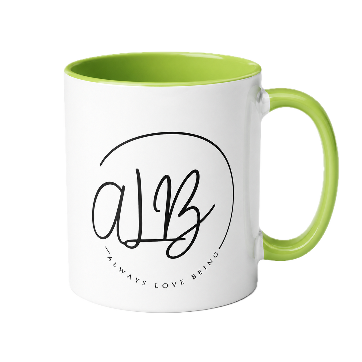 White mug with green interior and handle, featuring a logo and text on a white background