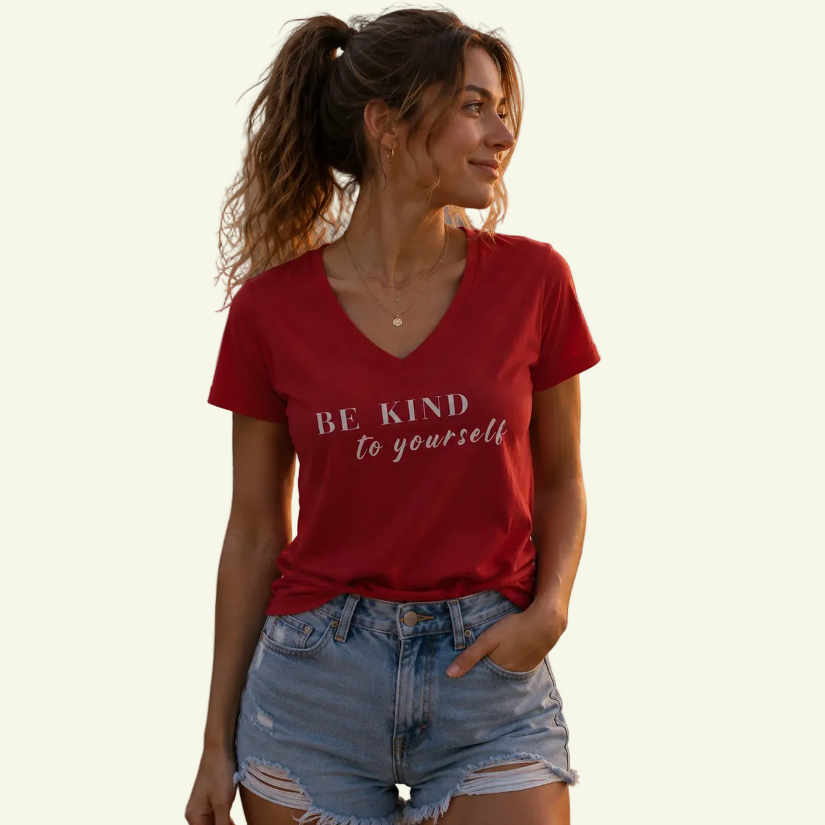 A woman wearing a red V-neck t-shirt with the text 'BE KIND to yourself' in white script, paired with light-wash denim shorts, set against a solid off-white background.