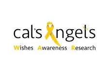 The logo for 'cals angels' featuring a black lowercase wordmark with a yellow awareness ribbon replacing the letter 'a', and the tagline 'Wishes Awareness Research' underneath on a white background.