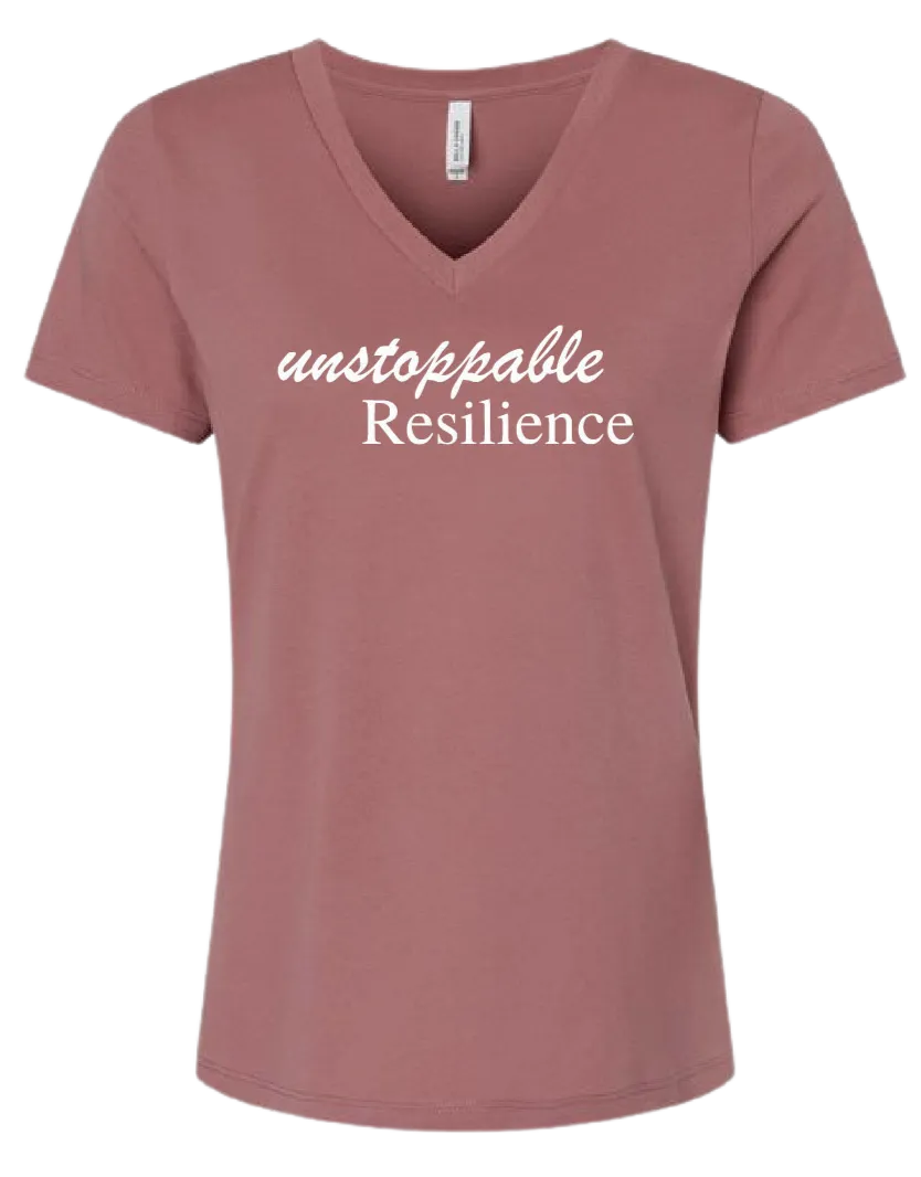 A mauve short-sleeve V-neck t-shirt with the words 'unstoppable Resilience' printed in white across the chest, shown on a plain white background.