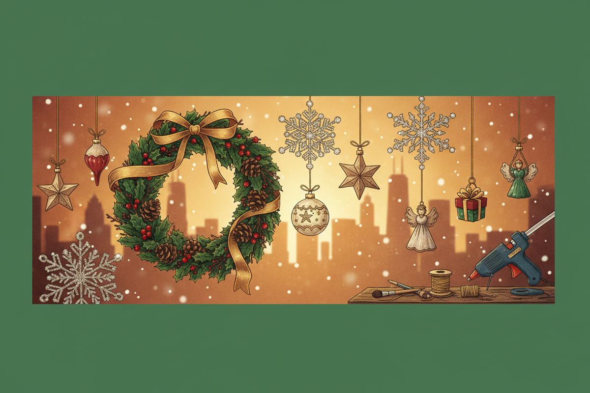 A festive Christmas-themed banner or backdrop design featuring a green wreath with a gold bow, hanging ornaments, snowflakes, angels, and a hot glue gun on a wooden surface, set against a warm city skyline at night with falling snow.