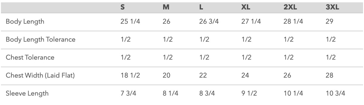 A size chart table showing measurements for body length, body length tolerance, chest tolerance, chest width (laid flat), and sleeve length across sizes S, M, L, XL, 2XL, and 3XL.