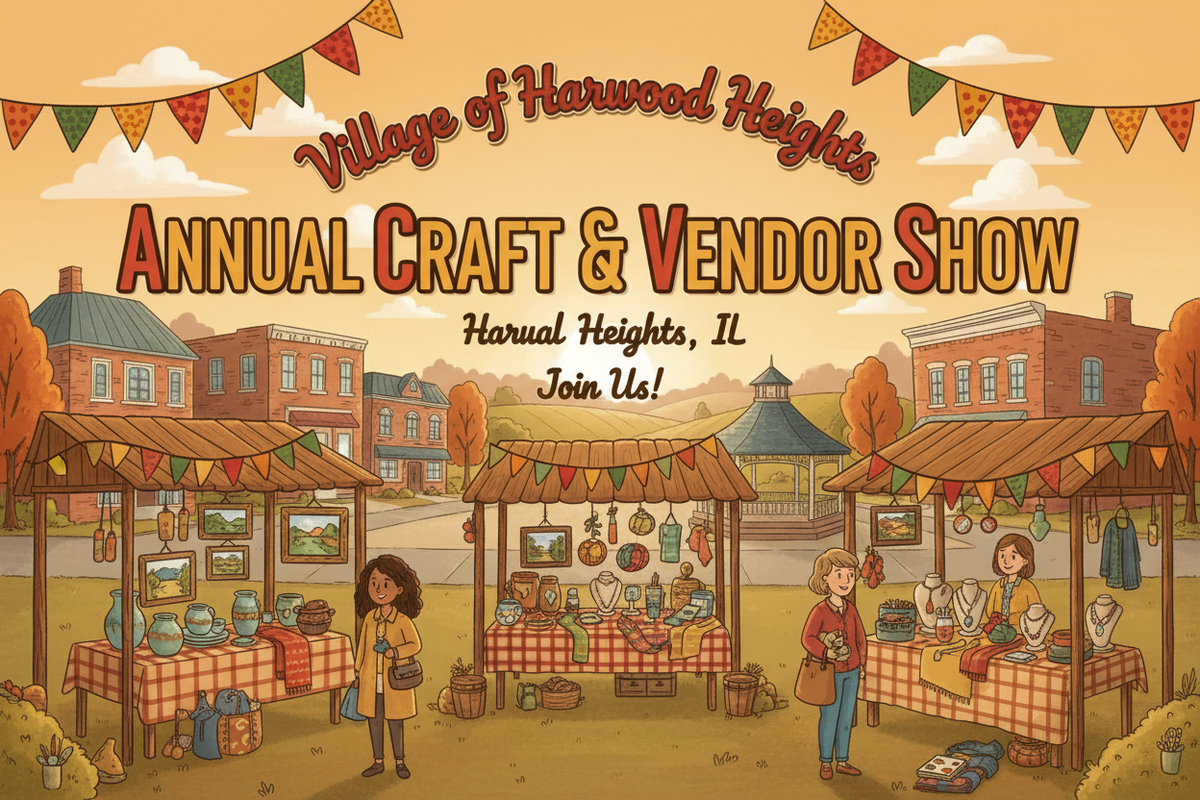 Promotional illustration for the Village of Harwood Heights Annual Craft & Vendor Show, featuring market stalls with handmade goods under a warm autumn sky, with text reading 'Annual Craft & Vendor Show' and 'Harwood Heights, IL Join Us!'.